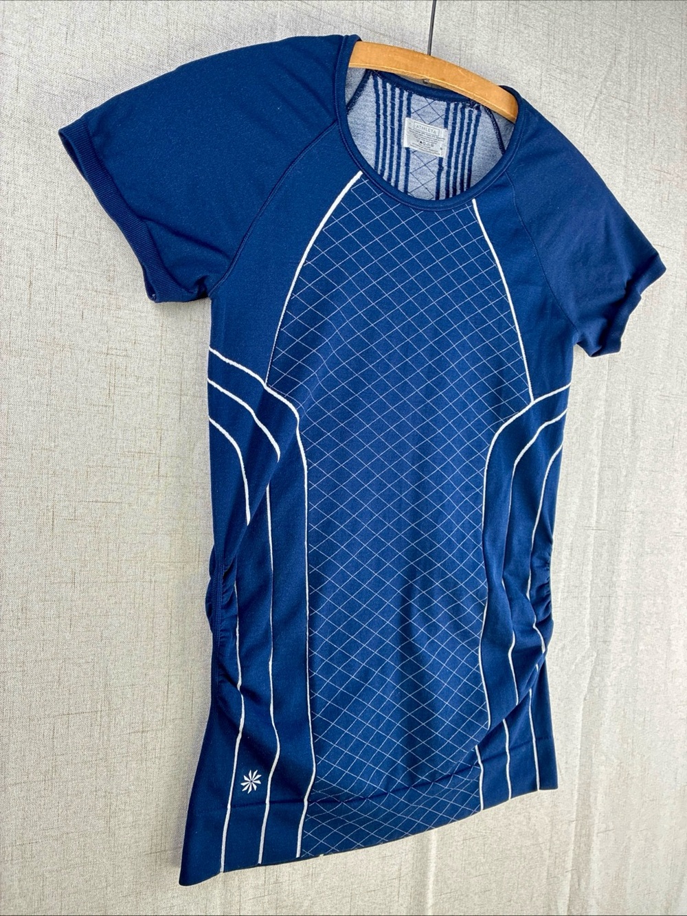 Athleta Womens Short Sleeve Athletic Compression Shirt S Navy Blue White Longer